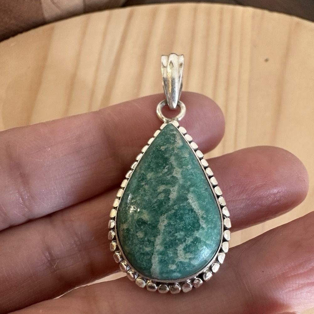Vintage Artisan Pendant 1.625 Inch Glue Green Amazonite 925 Sterling Silver 7.1g